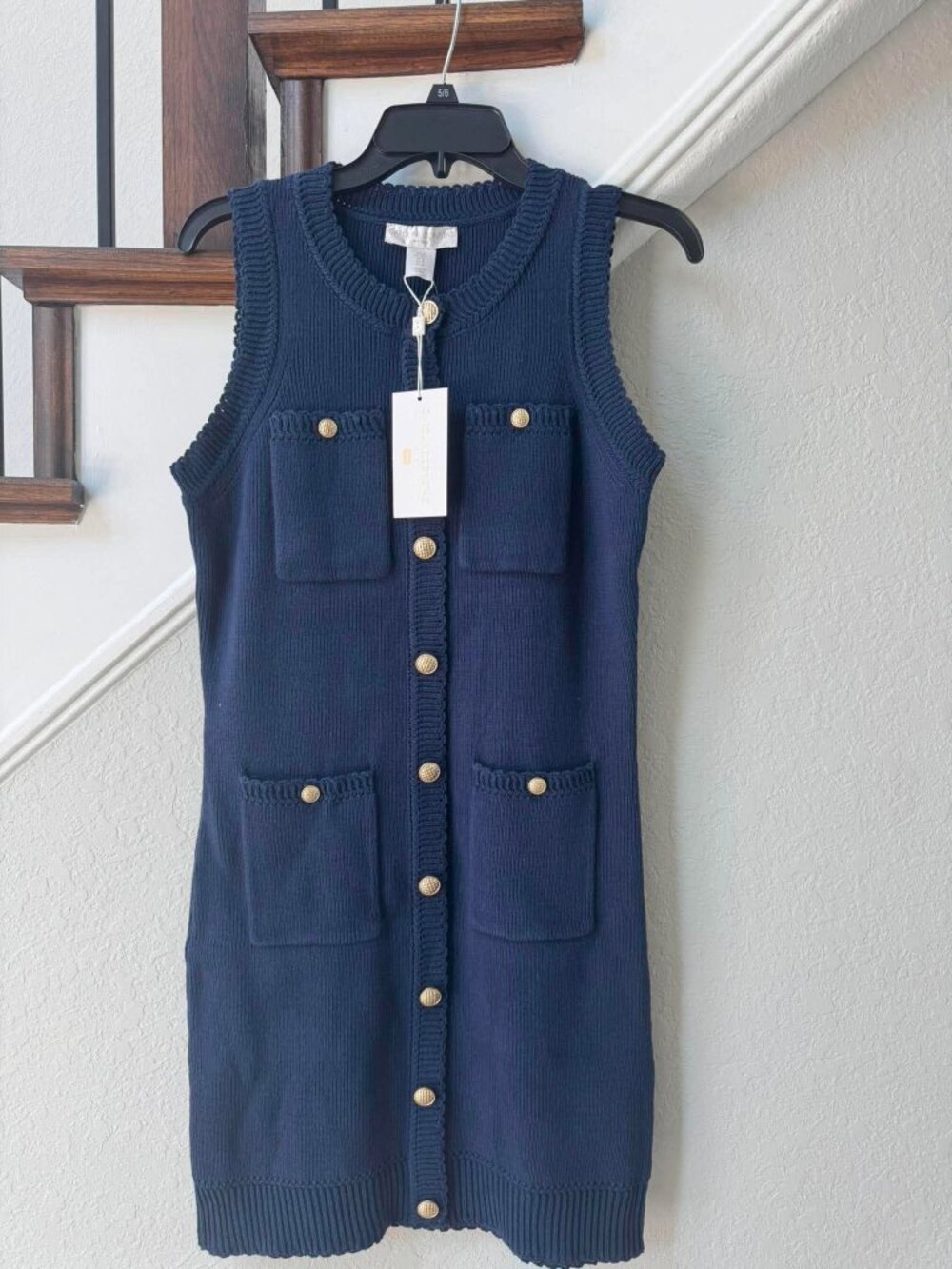 Caroline Constas Catalina Navy Knit Mini Dress Gold Buttons NWT Size M